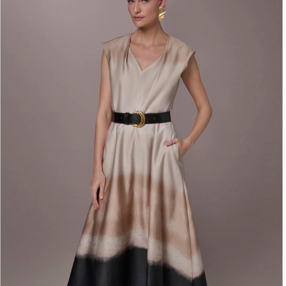 Donna Karan New York Women’s Cream & Black Midi Dress with Belt - Picture 2 of 12